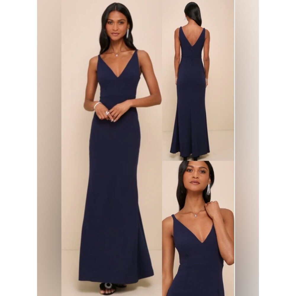 Lulus Melora Navy V-Neck Sleeveless Fit and Flare Evening Gown Women’s Size S